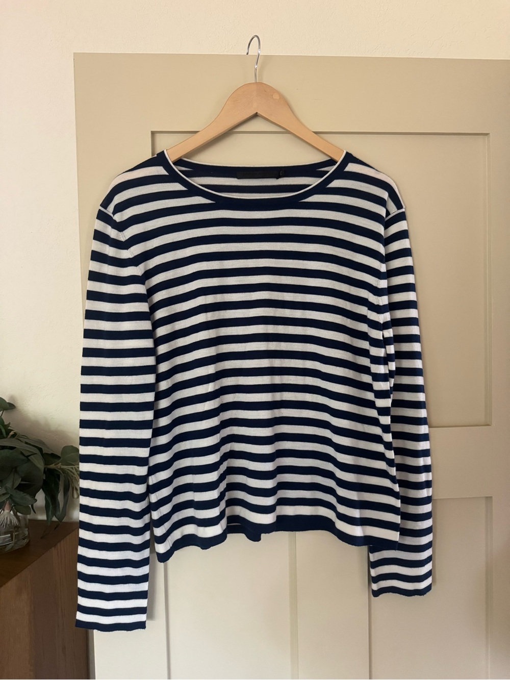 Jenni Kayne XXL XL L Blue White Stripe 100% Merino Wool Top Long Sleeve Shirt